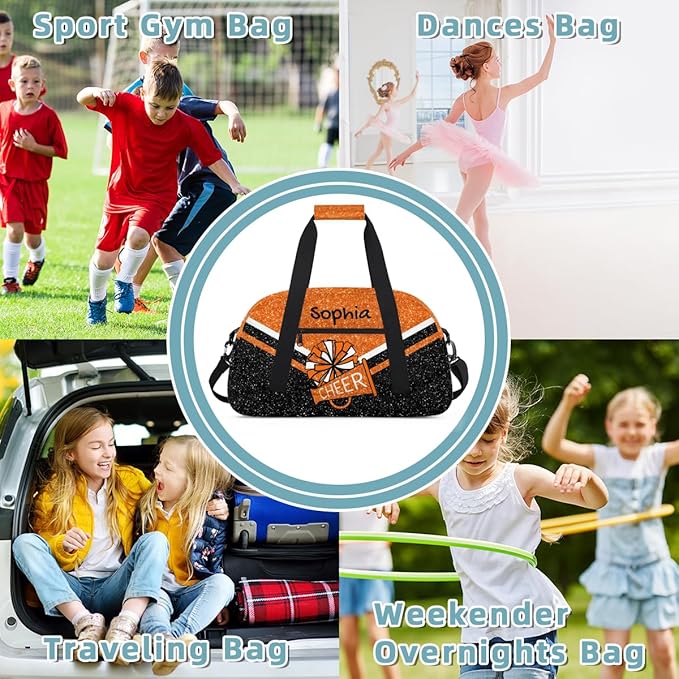 Personalized Orange Glitter Cheer Bag for Cheerleaders, Custom Sport Gym Bag Dance Bag Travel Duffle Bag Cheerleading Gifts for Women