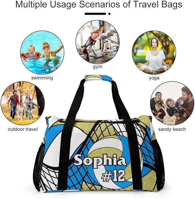 Custom Volleyball Blue Gold Duffel Bag with Name Personalized Travel Bags Sport Gym Bag Carry On Weekender Bags for Men Women