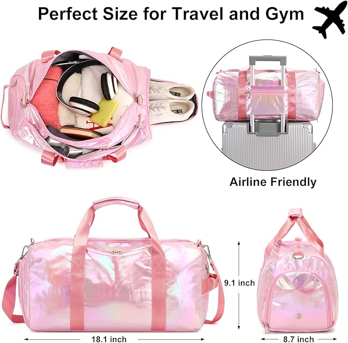 Gym Bag Sports Duffle Bag with Wet Pocket Weekender Overnight Bags with Waterproof Shoe Compartment for Girls Kids Women Travel Dance Yoga Workout Bags (Pink)