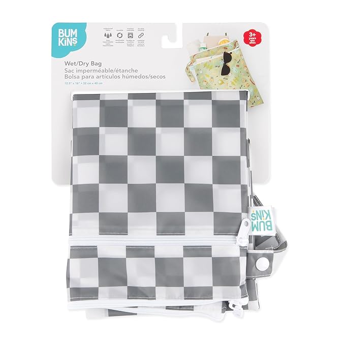 Bumkins Waterproof Wet Dry Bag for Baby, Travel, Swim Suit, Cloth Diapers, Pump Parts, Pool, Beach, Gym Clothes, Toiletry, Hook to Stroller, Daycare, Zipper Reusable Wetdry Packing Pouch, Gray Check