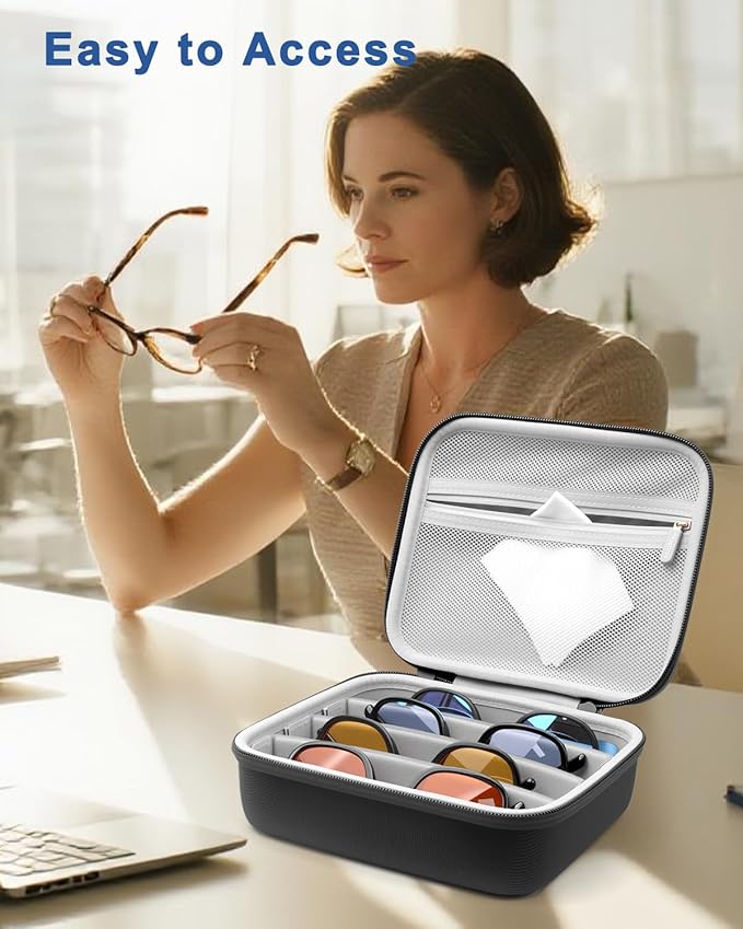 Krypthos Travel Sunglasses Organizer Case, Portable Eyeglasses Storage Box, Adjustable Multi-Compartments & Crushproof Design, Holds Up to 4 Pairs, Eyewear Display Case for Men Women