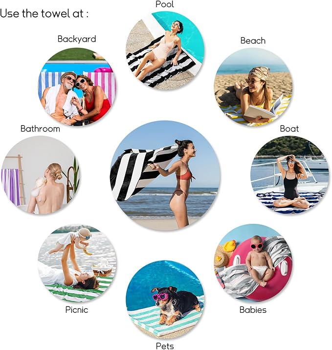cabanana Large Oversized Beach Towel - 35 x 70 Inch Cotton Pool Towel, Black Striped Soft Cabana Swim Towel