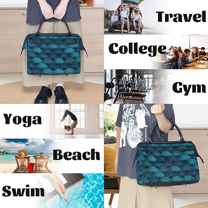 Overnight Weekender Bags for Women Men, Teal Blues Shells Waterproof Travel Carry On Duffel Bag, Lightweight Sports Gym Bag for Fitness, Workout, Travel