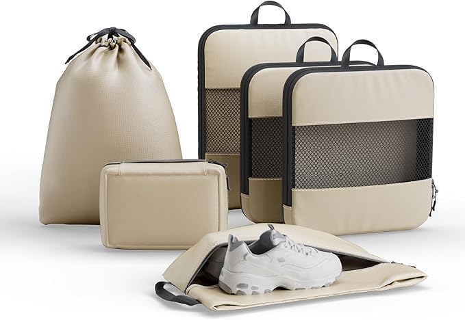 Compression Packing Cubes for Travel,6-Piece Travel Luggage Organizers with Breathable Mesh, Storage Bags for Clothes, Essential Travel Accessories, Beige