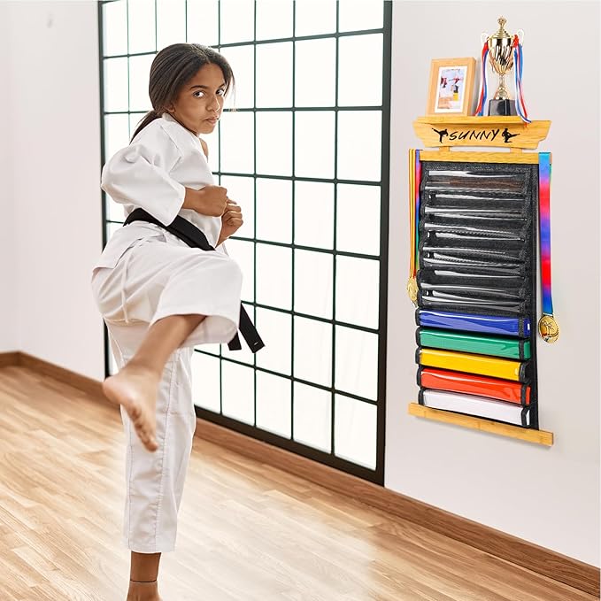 Tilhumt 10/12 Belts Karate Belt Display Rack with Photo Shelf, Felt Taekwondo Belt Display Rack Martial Arts Belt Display for Adults TKD, BJJ