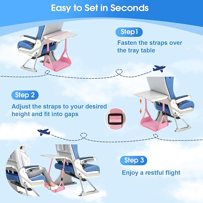 Airplane Foot Rest - Lightweight Foot Hammock for Plane Travel with Adjustable Strap & Thick Board, Tray Table Under Desk Footrest to Relax Feet, Travel Essentials for Long Flights(Pink)