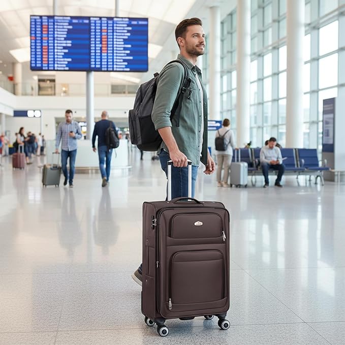 26" Luggage Softside Expandable 15% Checked Luggage with Double Spinner Wheels Combination LOCK,Lightweight Travel Suitcase for Men/Women(Coffee,26in)