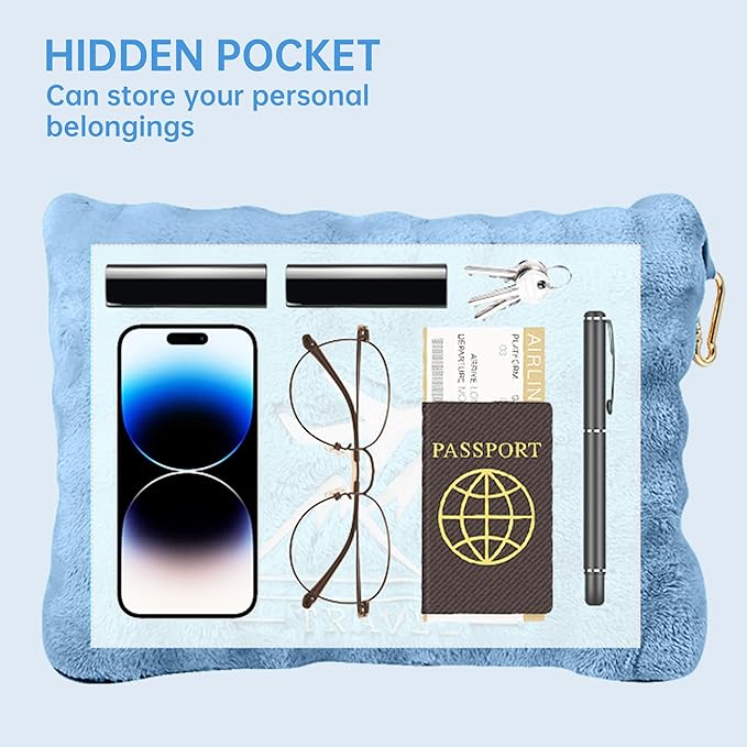 Travel Blanket and Pillow-2-in-1, Ultra-Soft&Compact, Airplane Blanket with Hand Luggage Belt and Backpack Clip,Travelers Accessories Gifts, 61x43 Inches(Blue)
