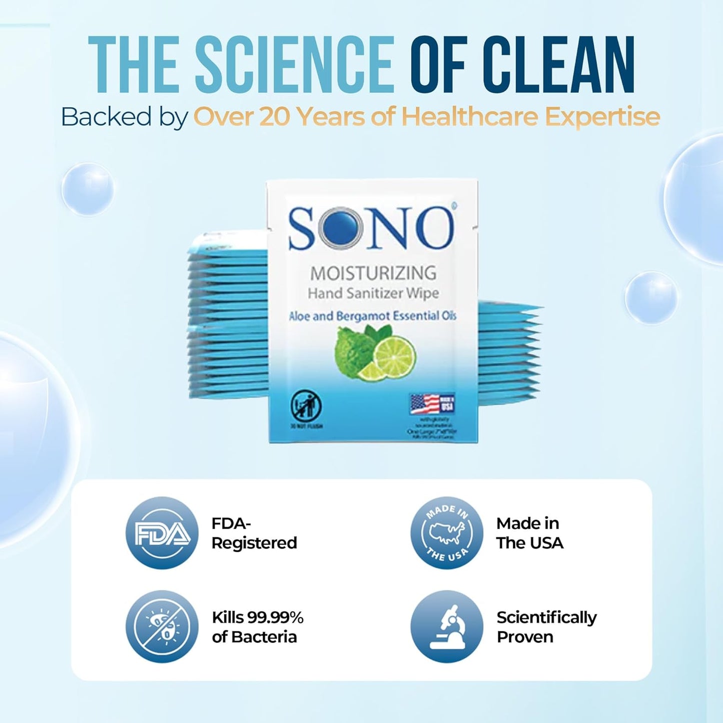 SONO Alcohol-Free Sanitizing Hand Wipes with Bergamot & Aloe Essential Oil - Hospital-Grade Disinfectant - Individually Wrapped Travel Size - 500 Pack - Gentle Cleaning & Germ Protection Anywhere