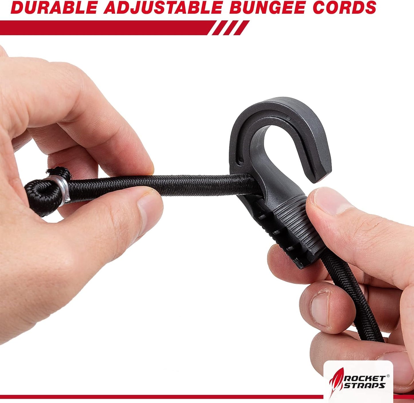 Rocket Straps - Ultimate Adjustable Outdoor Bungee Cord Assortment - Heavy Duty Set of 20 Bungee Cords (48") Double-J Hooks - Elastic Straps for Camping, Securing, and DIY Multipurpose