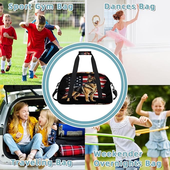 Kids Duffle Bag Girls Boys American Flag Shepherd Dog On Black Weekender Overnight Bag,Lightweight Duffel Bags for Traveling Gym Sport Dance