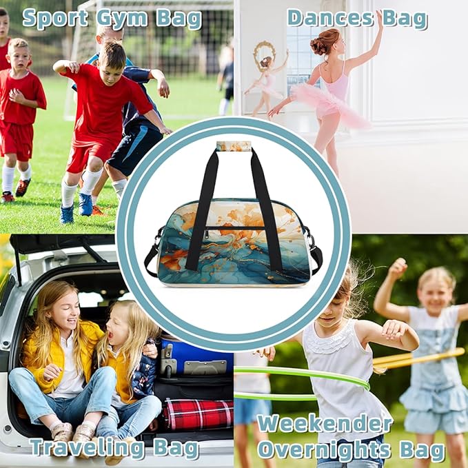 Orange Teal Marble Sports Duffel Bags, Water-Resistant Gym Duffle Bag for Men Women, Lightweight Weekender Overnight Bag for Fitness, Workout, Travel
