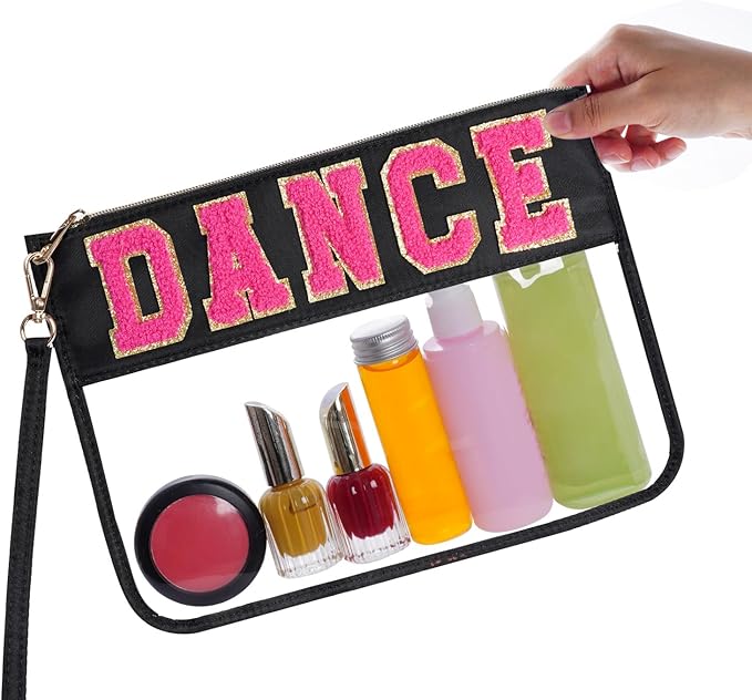 Chenille Letter Bag - Multi-purpose Nylon Cosmetic Bags with Zipper, Flat Pouches for Travel, Gym, Beach (Black-Dance)
