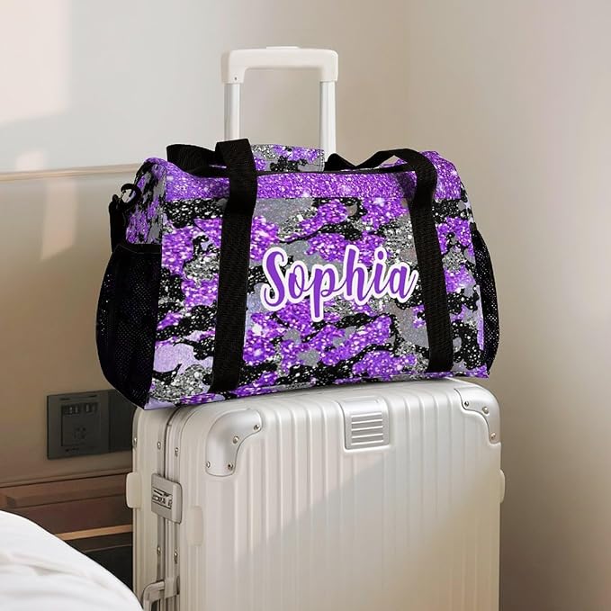 Purple Camo Bling Glitter Print Tote Bag, Customized Duffel Bags Weekender Overnight Bag Travel Bag Personalized Gift Gym Bags Luggage Bag