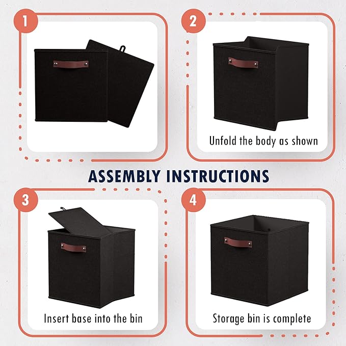 Ornavo Home 13 x 13 Storage Cube Bins, Foldable Collapsible Fabric Storage Bins Box Linen Shelf Basket Cube Organizer for Closet with Leather Handles, 6 Pack, Black