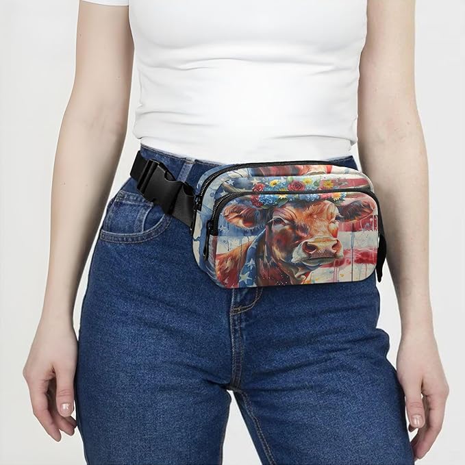 American Flag Cow with Floral Crown Fanny Pack for Women Men Water Resistant Fashion Waist Packs with Adjustable Strap Belt Bag for Travel Workout Jogging Hiking 21220212