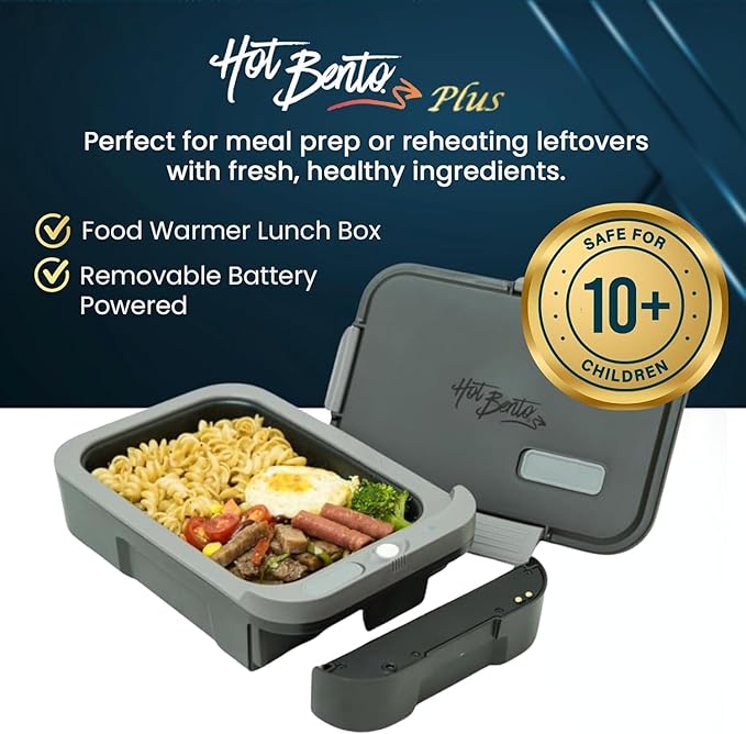 Hot Bento Plus: Electric, Self Heating, Rechargeable Lunch Box-10 Minute Heating and Removable Battery. Child Safe, Scientific Portion Control, School, Construction, Office, Recreation, Travel (Slate)