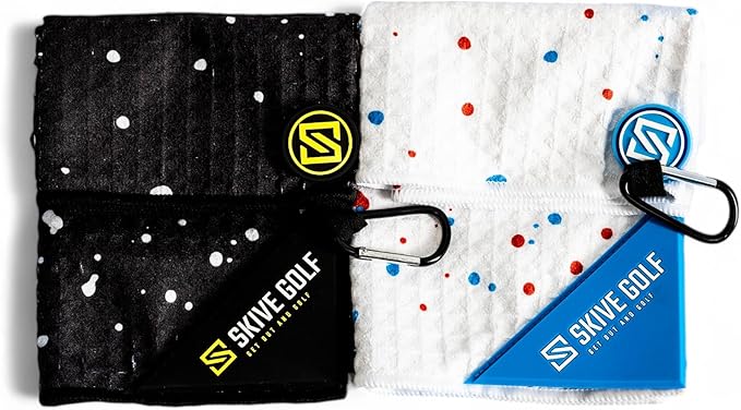 Premium Magnetic Golf Towel | Super Strong Magnet | Absorbent Microfiber Waffle Design | Built-in Silicone Brush | Golf Towels for Golf Bags (Black w/White Drip)