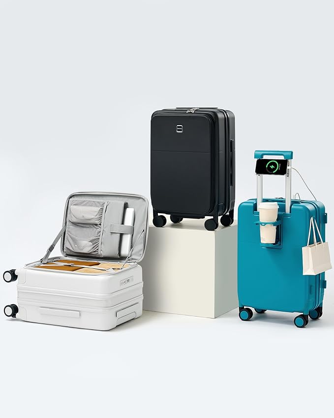 Hanke 24 Inch Expandable Checked Luggage with Cup Holder and Charger Port,Top Opening Hard Shell Suitcases with Wheels, Medium Travel Rolling Suitcase Trunk Luggage with Lock, Jet Black