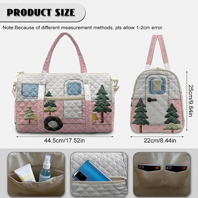 COEQINE Pink Sports Duffel Bags for Women Gym Funny Quilted Tote Bag Large Car Printed Weekender Carry On Camper Van Style Backpack for Overnight Luggage with Trolley Sleeve