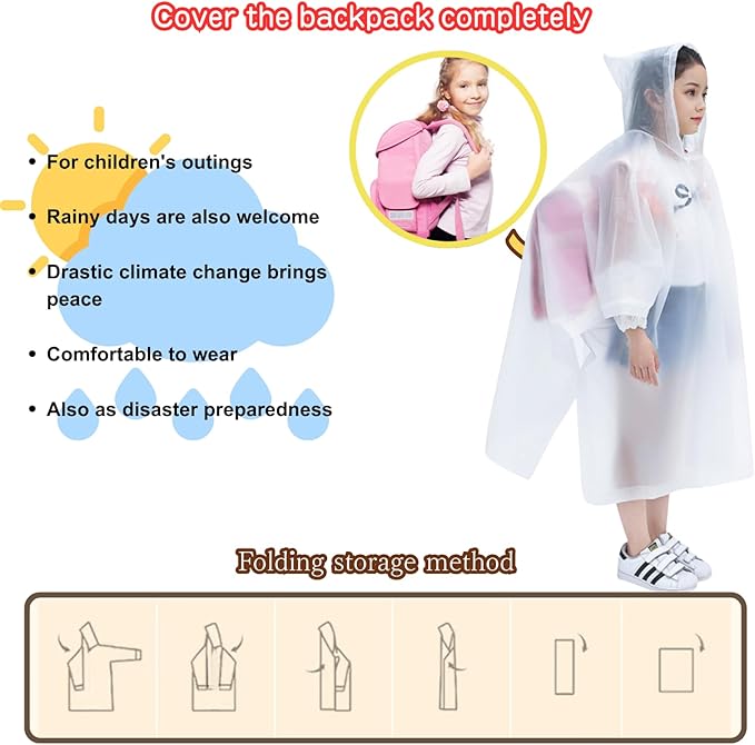 DZTSMART Reusable Waterproof Kids Rain Ponchos 2 Packs - 8-14Y, Hood & Sleeves, Park Essentials
