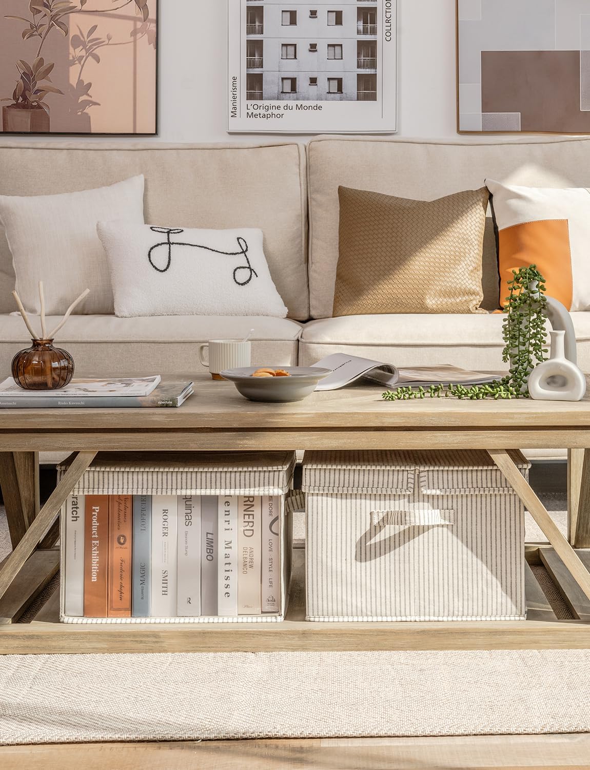 StorageWorks Storage Bins with Lid and Clear Window, Fabric Storage Boxes with Lids, Stackable Basket for Shelves, Closet Organizer and Storage Bins, Khaki and Beige Stripes, Jumbo, 4-Pack