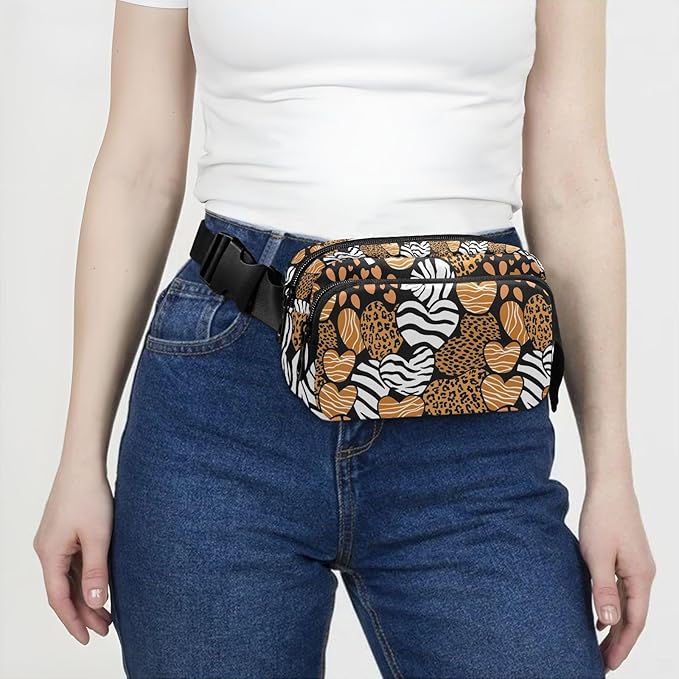 Leopard Zebra Print Heart Fanny Pack for Women Men Water Resistant Fashion Waist Packs with Adjustable Strap Belt Bag for Travel Workout Jogging Hiking 21219451