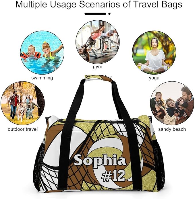 Custom Volleyball Brown Gold Duffel Bag with Name Personalized Travel Bags Sport Gym Bag Carry On Weekender Bags for Men Women