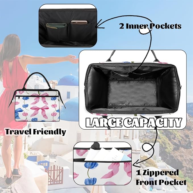 Bow Tie Flowers Overnight Weekender Bag for Women Men Travel Duffel Bags Waterproof Luggage Carry on Sports Yoga Gym Bag