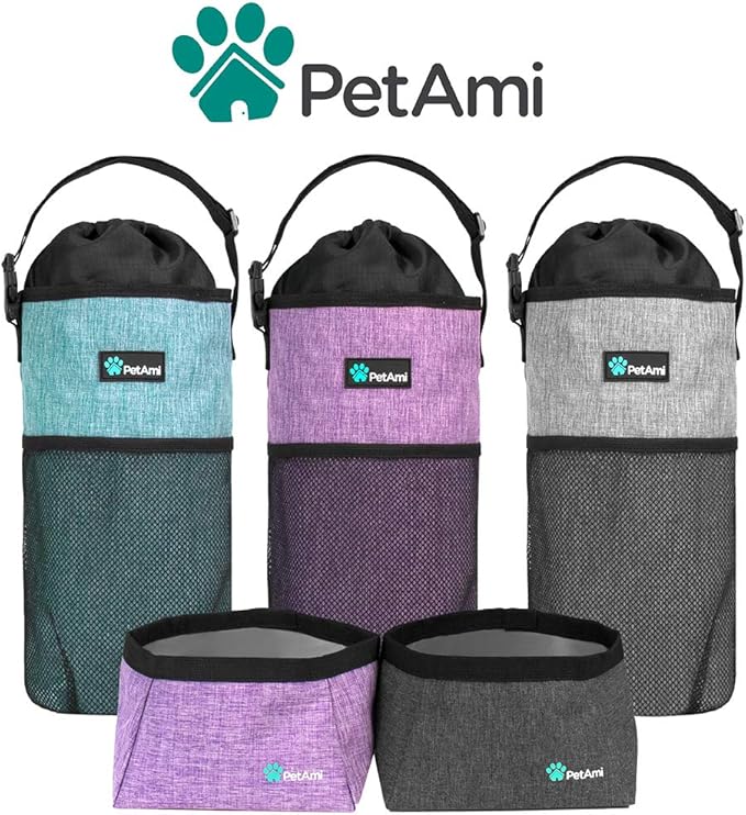 PetAmi Travel Dog Food & Water Bowls Set, Collapsible Dog Kibble Bag, Cat-Friendly, Foldable Waterproof Camping Bowls for Hiking, Purple & Gray
