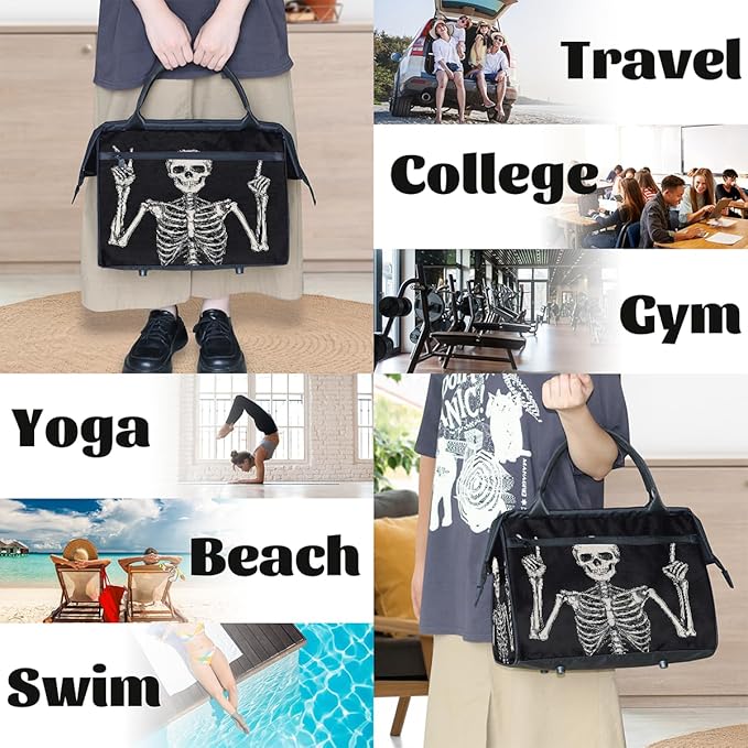 Multipurpose Duffle Bag, Waterproof Carry On Bag with Spacious Design, Rock Skull Skeleton Gym Bags, 15.2x8.3x11.6in