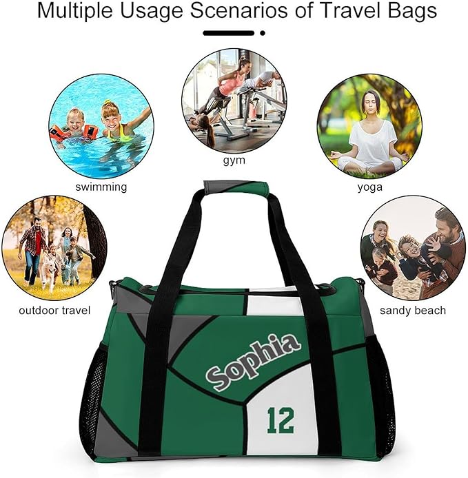 Custom Volleyball Green Duffel Bag with Name Personalized Travel Bags Sport Gym Bag Carry On Weekender Bags for Men Women