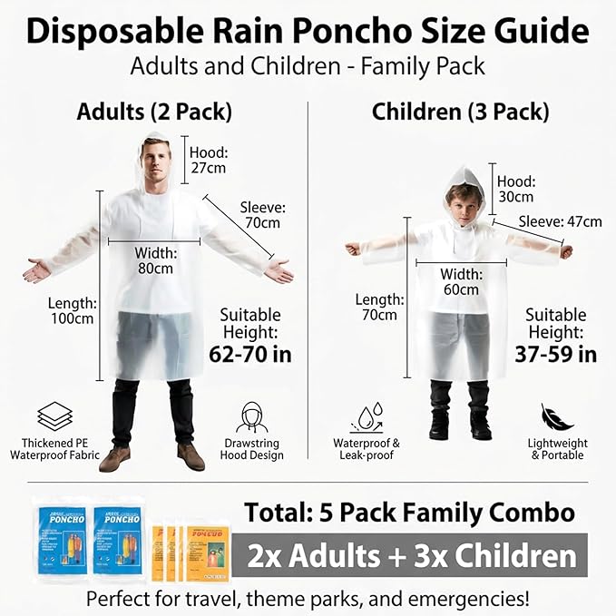 Disposable Rain Ponchos - Rain Poncho Waterproof Clear Raincoat With Hood Rain Jacket for Women and Men, Camping, Travel
