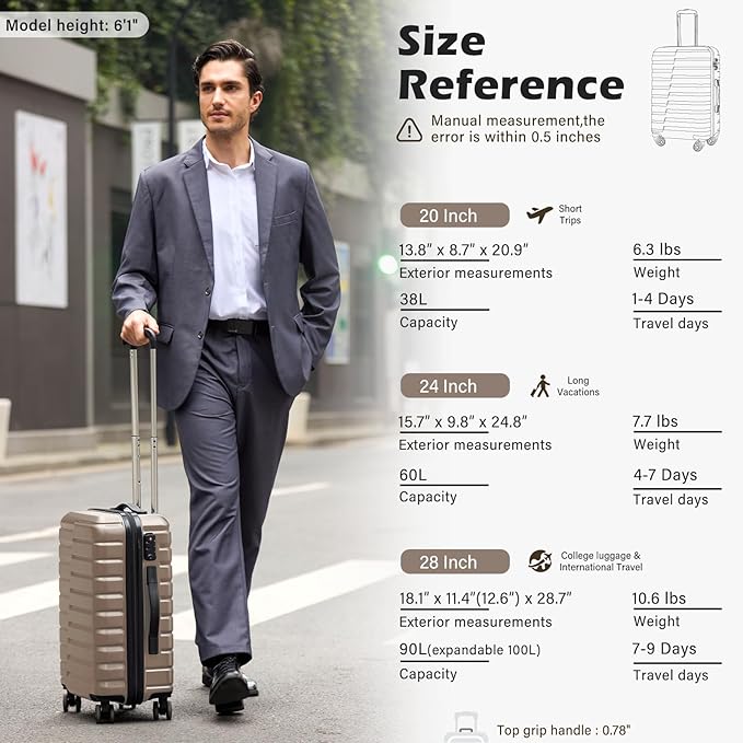 Coolife Medium Checked Luggage with Spinner Wheels, Hardside Suitcase TSA Lock Lightweight Travel Luggage 24-inch,Brown