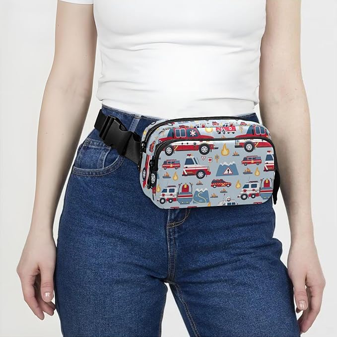 Kawaii Fire Police Cars Fanny Pack for Women Men Water Resistant Fashion Waist Packs with Adjustable Strap Belt Bag for Travel Workout Jogging Hiking 21219351