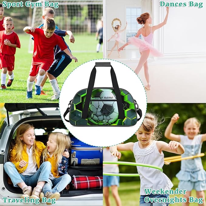 Custom Gym Bag Gray Green Soccer Personalized Outdoor Sports, Travel Carry-On Luggage and Dance Practice Designed Specifically for Boys and Girls