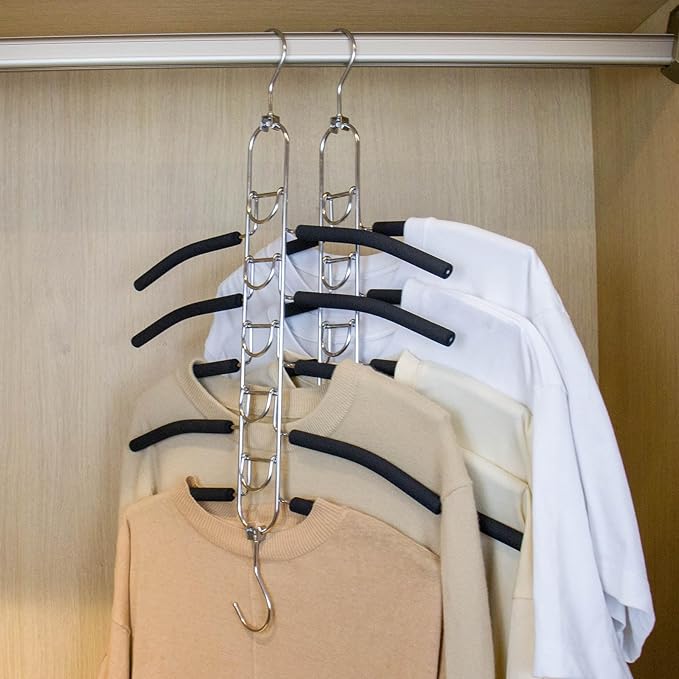 5-in-1 Anti Slip Stainless Metal Clothes Hangers,Space Saving Thin Shirt Hangers,Multi Layers Magic Sweater Hanger,Used for Wardrobe Organizer or Vacation and Business Trips
