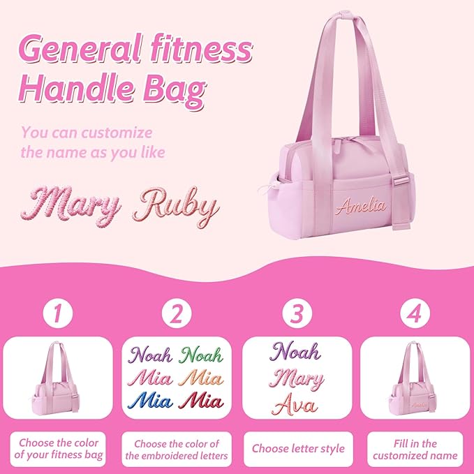Personalized Mini Gym Bag for Women, Custom Embroidered Name Yoga Tote, Waterproof PU Fitness Duffle with Wet Compartment (pink duffle bag)