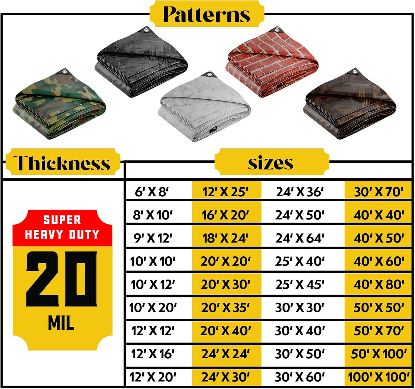 Core Tarps Extreme Heavy Duty 20 Mil Tarp Cover, Waterproof, UV Resistant, Rip and Tear Proof, Poly Tarpaulin with Reinforced Edges for Roof, Camping, Patio, Pool, Boat (Bricks/Black 30′ X 60′)