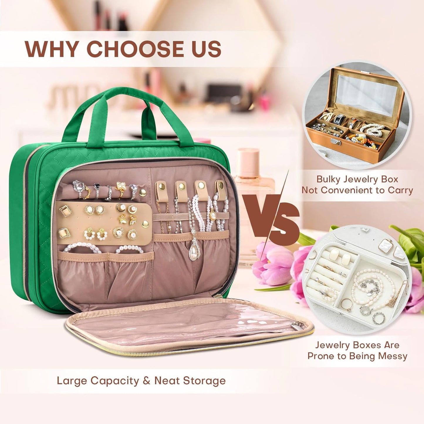 Toiletry Bag for Women with Jewelry Organizer Compartment, Travel Makeup Cosmetic Bag with Hanging Hook for Full-sized Toiletries, Shampoo - Green