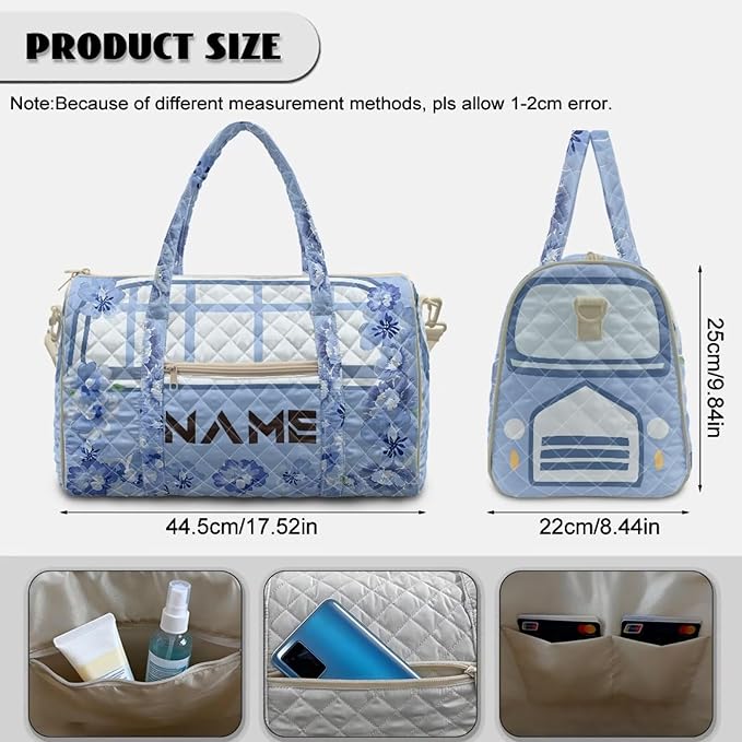 COEQINE Quilted Tote Bag Large Car Travel Suitcase Duffle Bag for Women Large Packable Carry on Weekender Duffel with Trolley Sleeve,Blue Floral