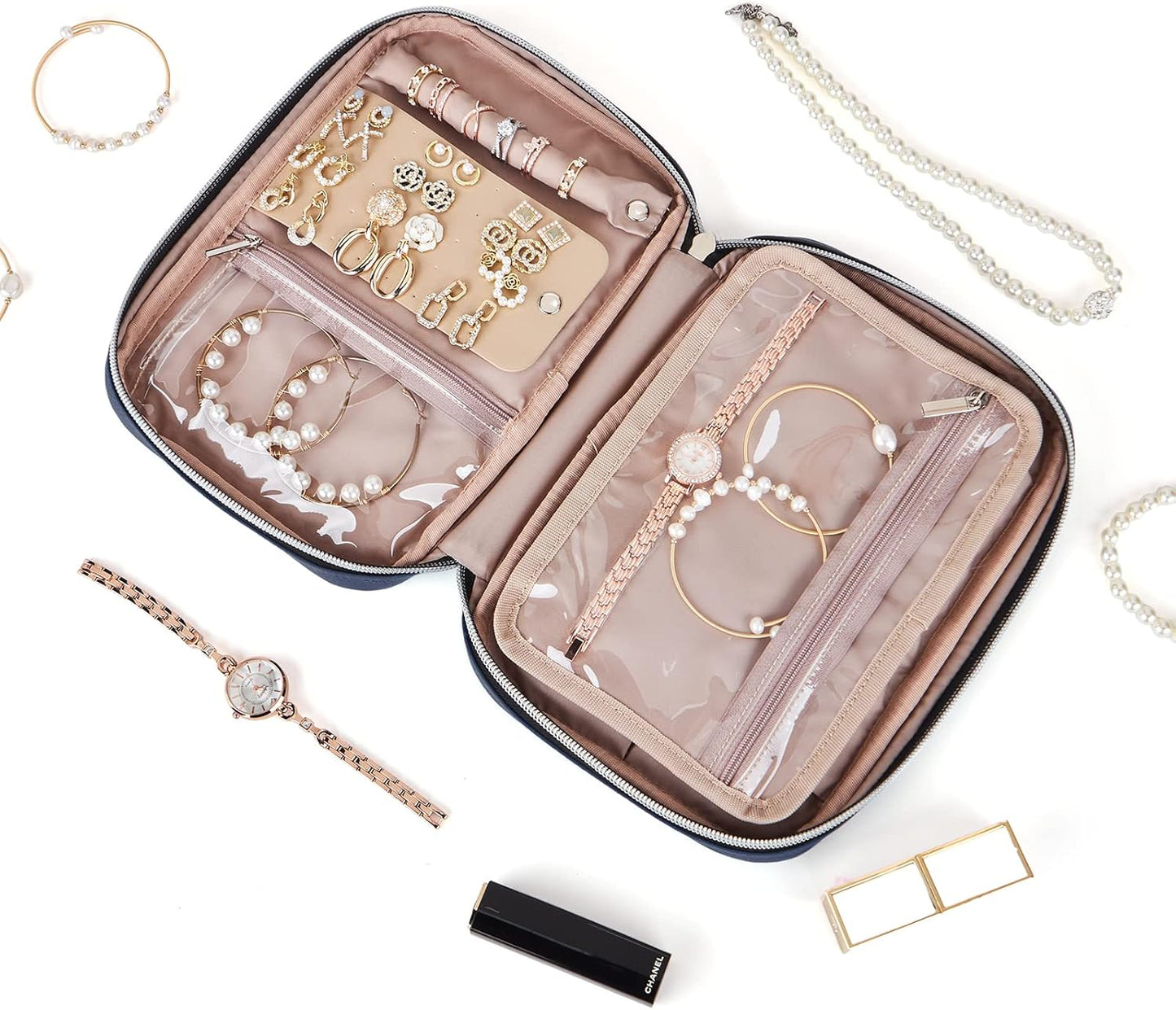 BELALIFE Travel Jewelry Organizer, Portable Jewelry Storage Case for Earrings, Rings, Necklaces, Bracelets, Blue-Gray