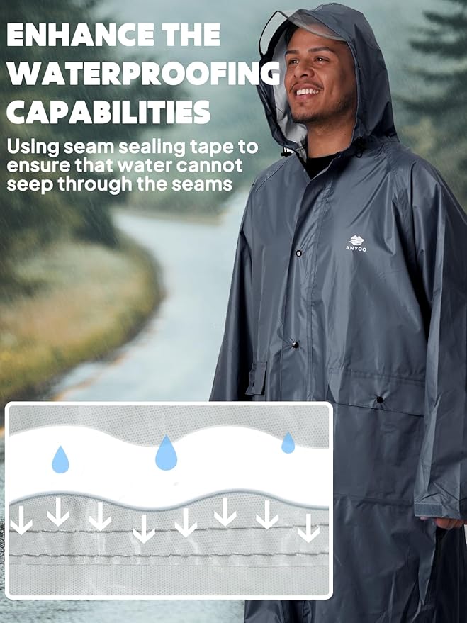 ANYOO Waterproof Rain Jacket for Men Women Lightweight Long Sleeve Raincoat with Hood Emergency Rain Poncho Adults for Hiking