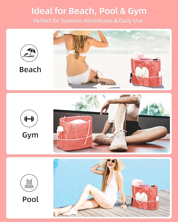 Mesh Beach Tote Bag Packable,2026 New 2-in-1 Large Lightweight Foldable Beach Bags with Multiple Pockets for Women