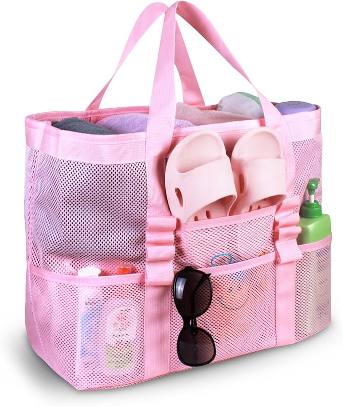 Large Mesh Beach Bag – Lightweight Beach Tote with 9 Pockets, Beach Bag for Women, Men, Family Essentials