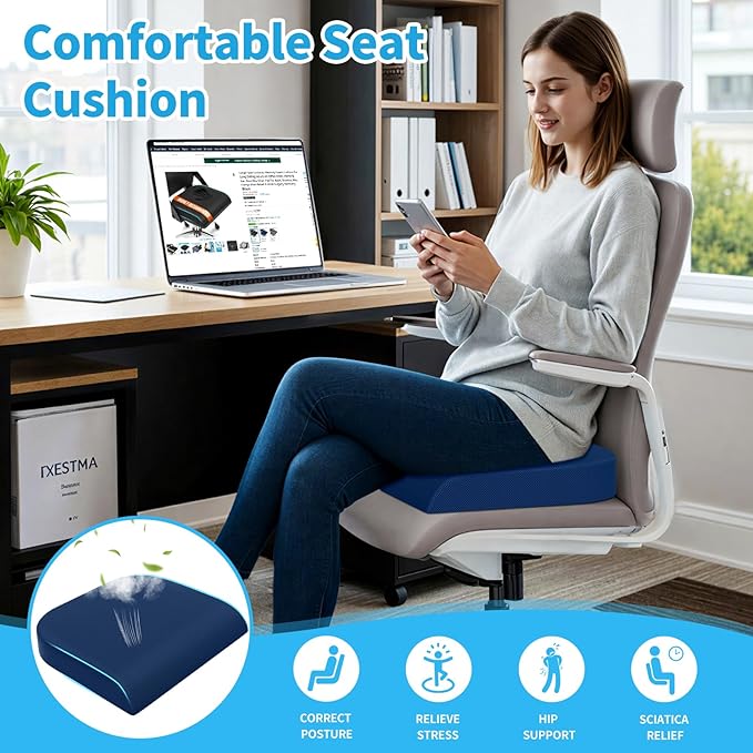 Large Seat Cushion, Memory Foam Cushion for Long Sitting Hours on Office Chair, Home & Car, Non-Slip Chair Pad for Relieving Back & Sciatica & Hip & Coccyx Pain (Blue)