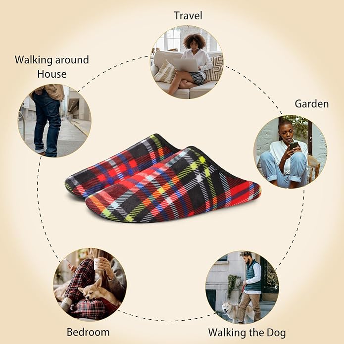 QFH Womens & Mens Cozy House Slippers - Portable Travel Shoes with Flexible Rubber Sole & Soft Velvet Lining
