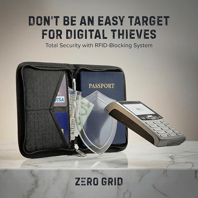 Zero Grid RFID Family Passport Holder for up to 6 Passports, Large Zippered Wallet for Men & Women, Fits Cards, Cash, ID, Sim Card, AirTag; Premium & Compact Travel Document Holder - Midnight Black