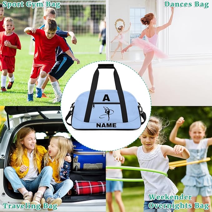 Personalize-Kids-Sports-Duffel-Bags With Custom Name Text Carry-On Overnight Travel Gym Lightweight Dance Pattern Sports Bags For Girls Boys Kids,Sky Blue