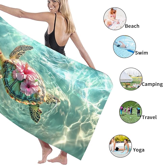 Artistic Turtle Beach Towel Aqua Green Ocean Style Quick Dry Sand Free Lightweight Bath Towel, Absorbent Resort Essentials for Vacation Pool Camping Outdoor Travel 62x31 Inch